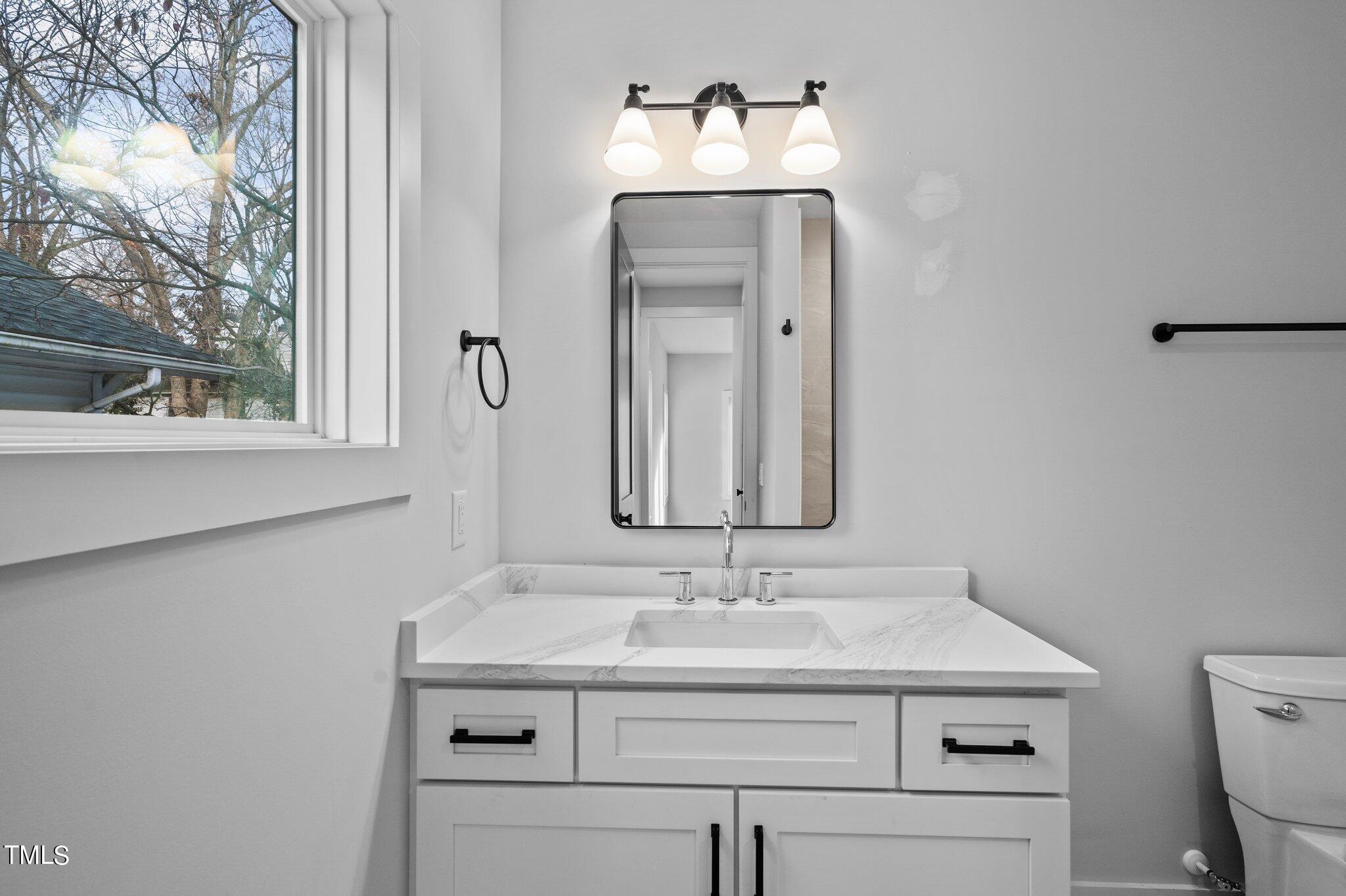 421 Harding Street Raleigh, NC 27604 - Photo 10 of 50 a bathroom with a sink vanity and a toilet