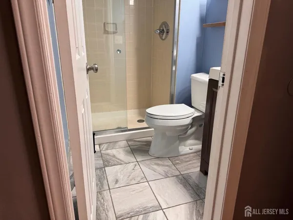 a bathroom with a toilet and a shower