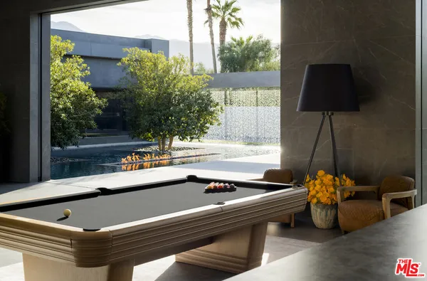 a room with pool table and a potted plant