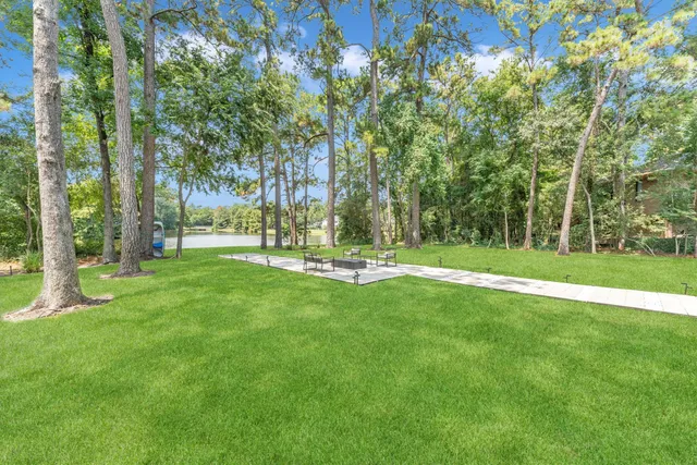 a garden view with a fountain