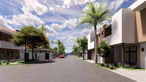 a couple of palm trees in front of house
