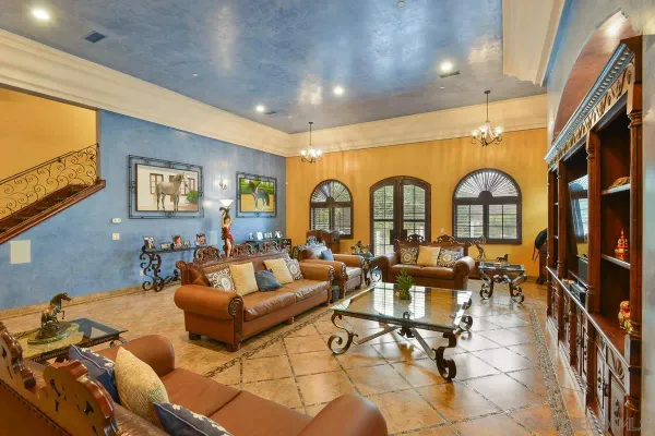 a living room with furniture a rug and a window