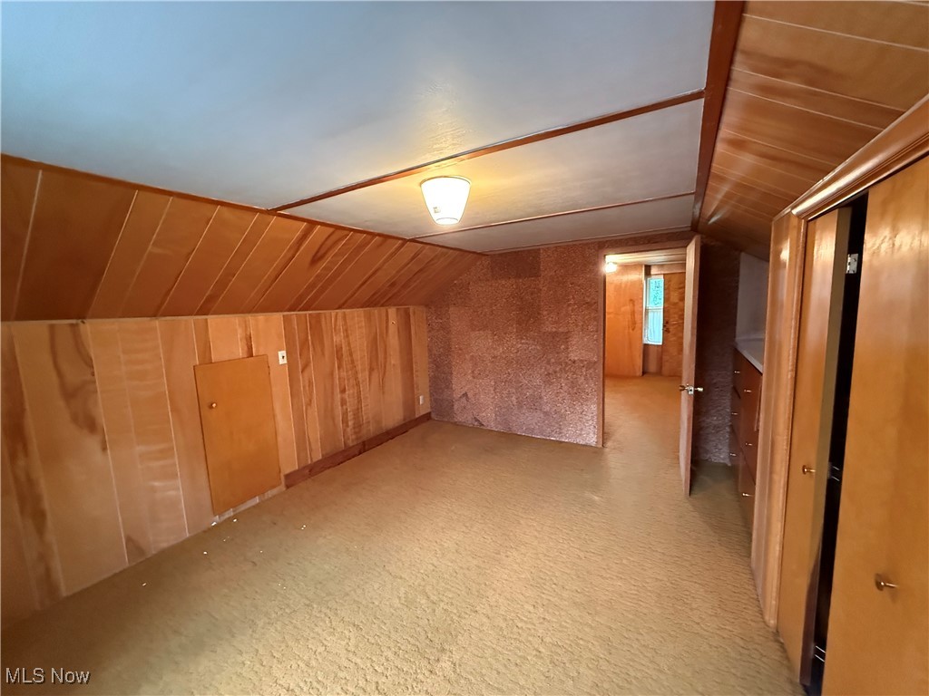 3122 South Medina Line Road Wadsworth, OH 44281 - Photo 36 of 41 Additional living space featuring wooden walls, light colored carpet, and vaulted ceiling
