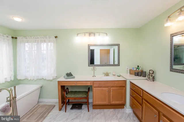 a bathroom with a double vanity sink a mirror and a bathtub