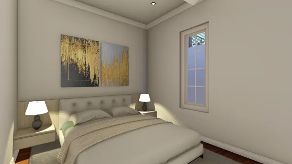 a bedroom with a bed and a lamp