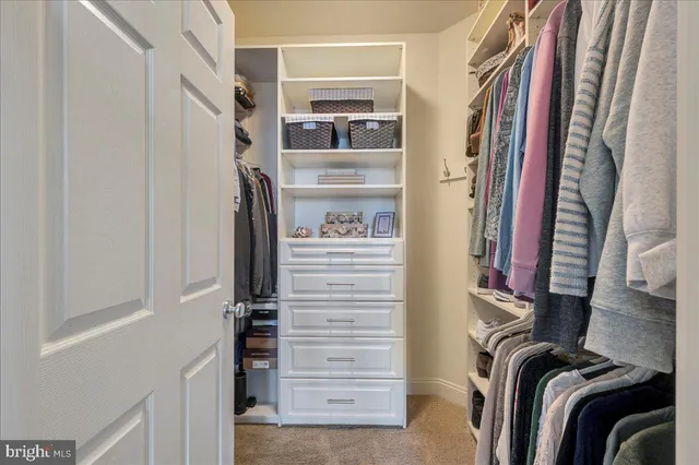 a view of walk in closet with clothes and shoes