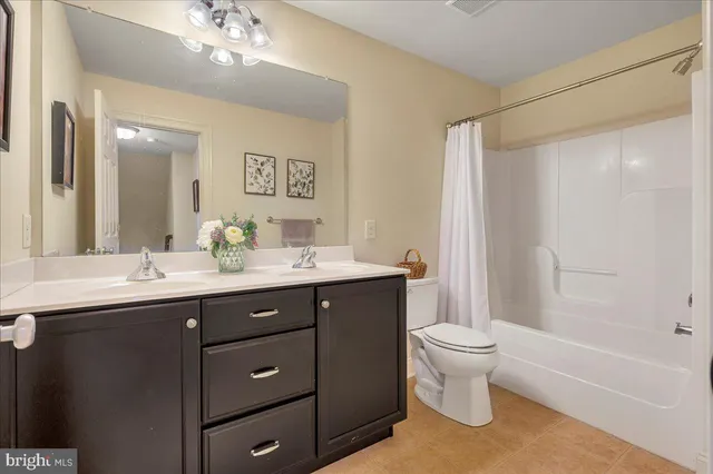 a bathroom with a double vanity sink toilet and a mirror