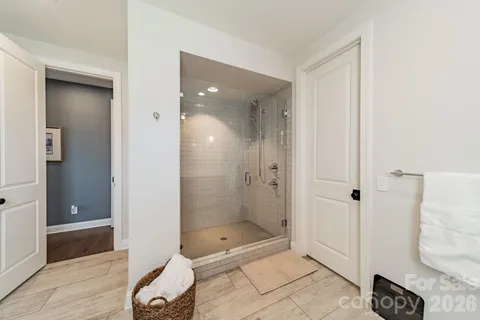 a bathroom with a shower and toilet