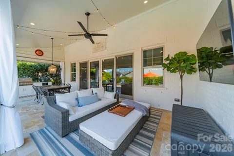 a living room with furniture and a potted plant