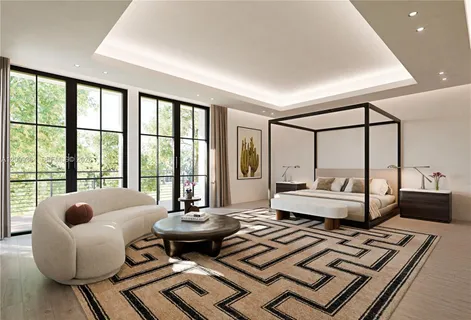 a living room with furniture and a floor to ceiling window