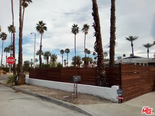a view of a street with palm trees