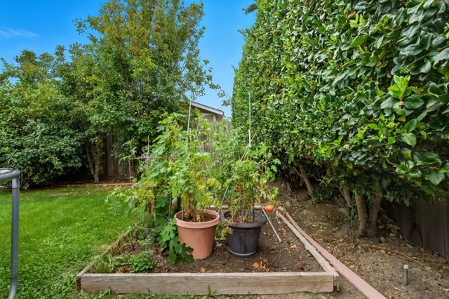 a view of a backyard with sitting area