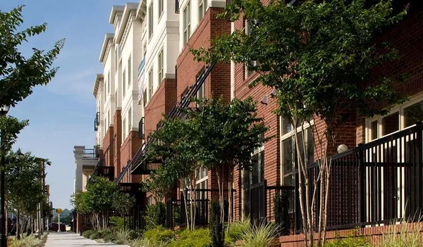 a view of a palm trees in front of building