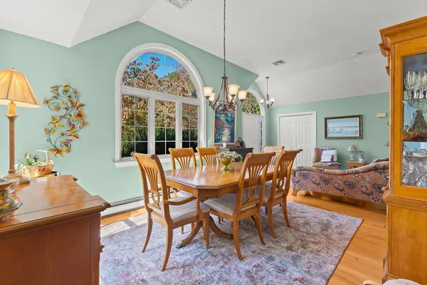 a dining room with furniture a rug a potted plant and a chandelier