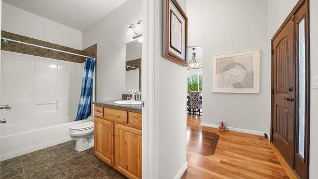 a bathroom with a sink a toilet and shower curtain