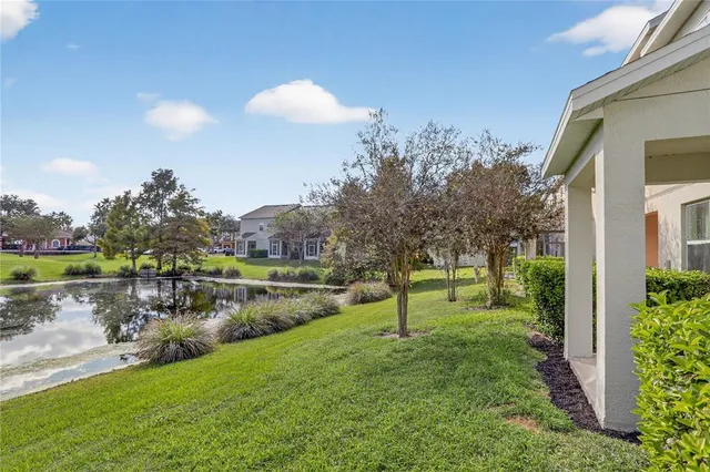 a view of a lake with a yard and a large tree