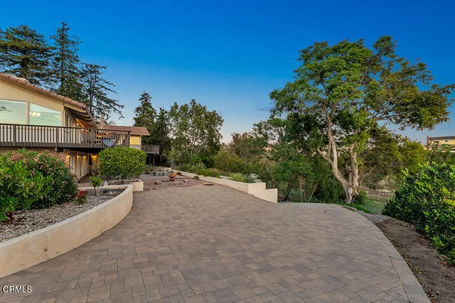 a view of a backyard with couches potted plants and sky view