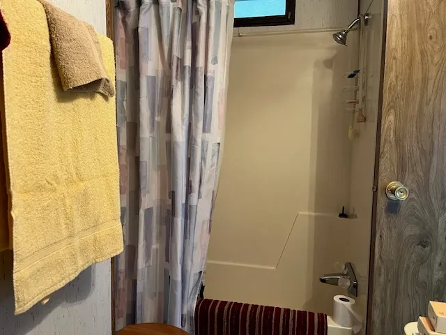 a bathroom with a shower and a tub