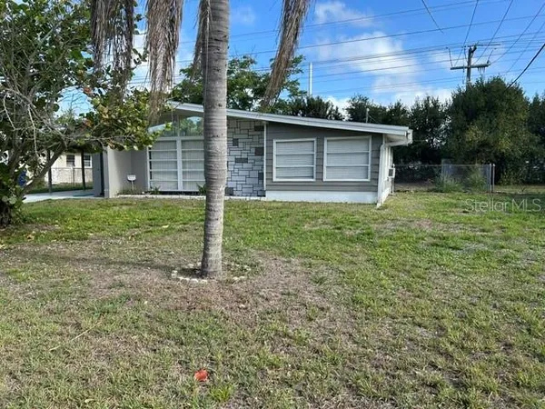 a backyard of a house with plants and large tree