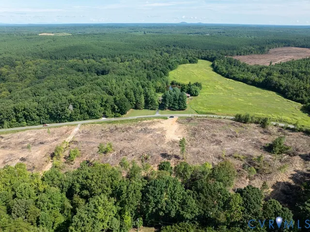 an aerial view of green landscape with trees houses and lake view