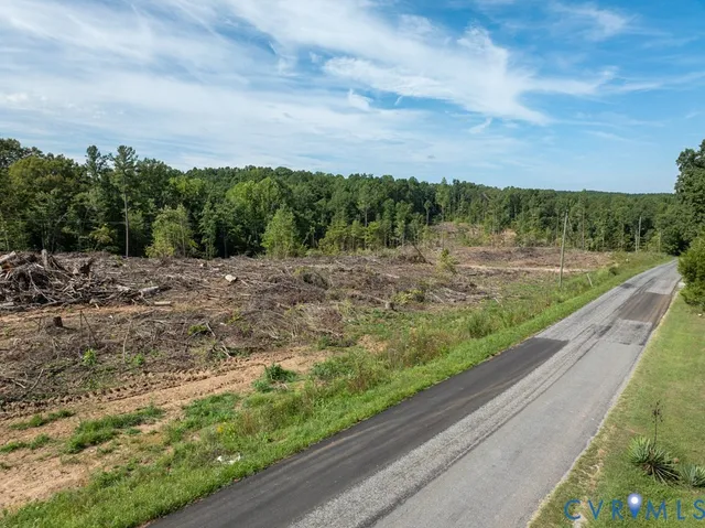 a view of a dry yard with trees in the background
