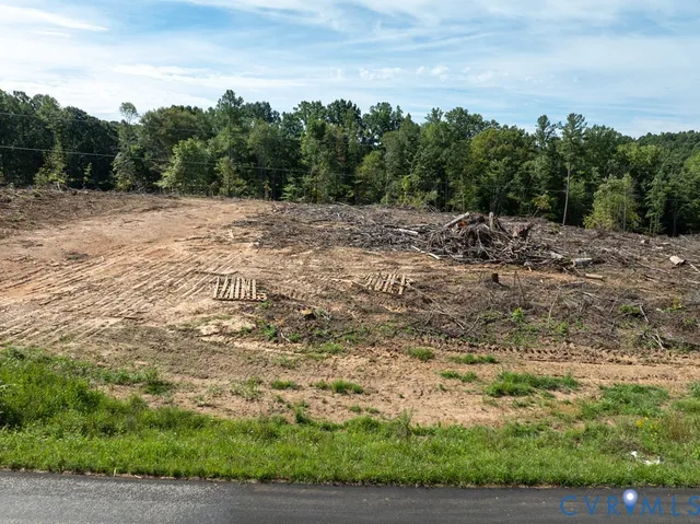 a view of a field with trees in the background