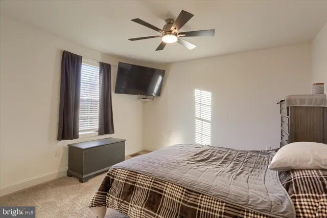 a bedroom with a bed and a ceiling fan