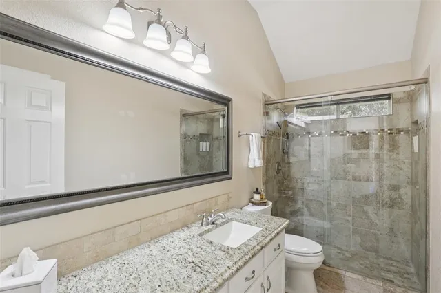 a bathroom with a granite countertop sink a toilet and shower