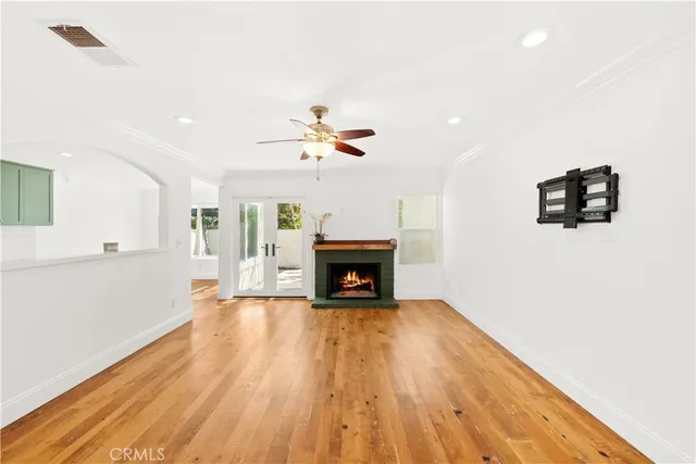 a living room with a fireplace