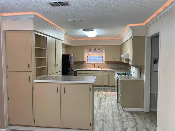 a kitchen with kitchen island a counter top space a sink and appliances