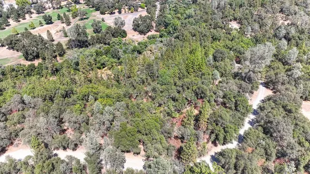 an aerial view of residential house with outdoor space and trees all around
