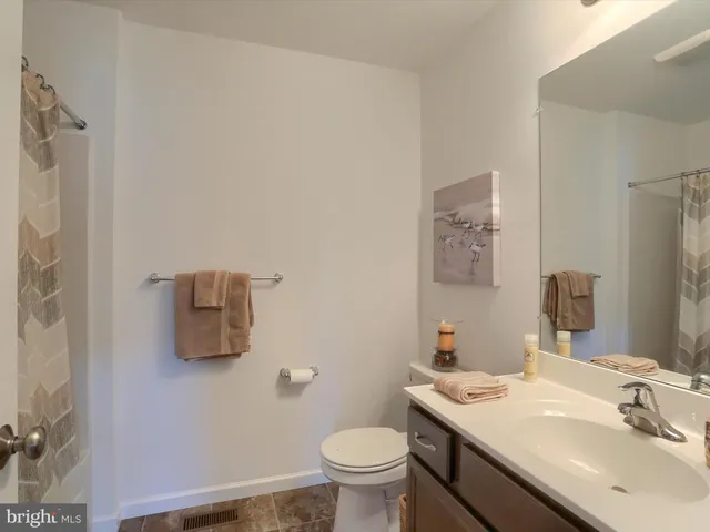 a bathroom with a sink a toilet a mirror and shower curtain