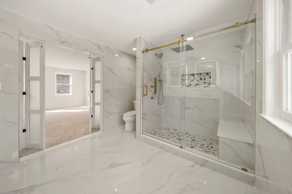 a bathroom with a shower and a toilet