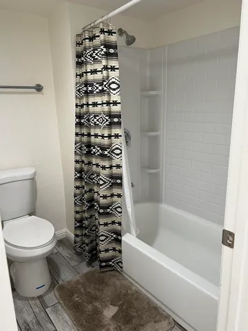 a bathroom with a shower and a toilet