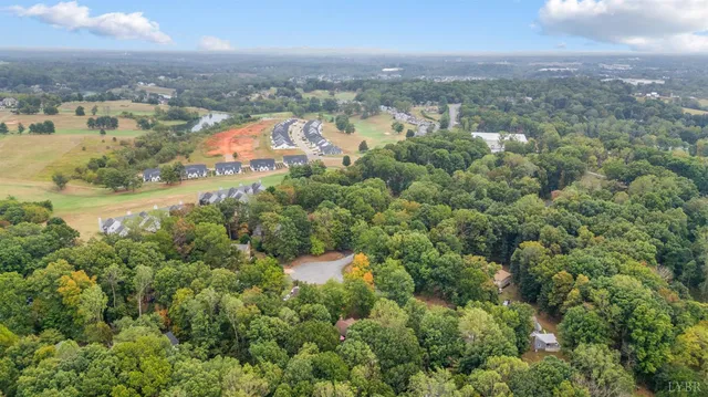 an aerial view of residential houses with outdoor space and trees