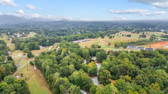 an aerial view of residential houses with outdoor space and trees