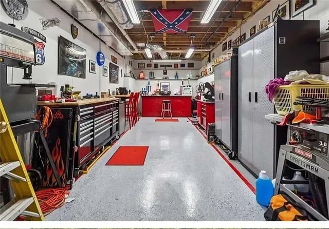 a view of a garage with storage