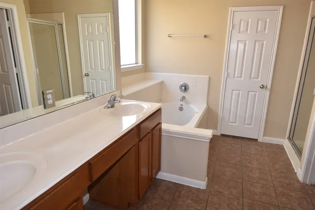 a bathroom with a sink a mirror and a bathtub