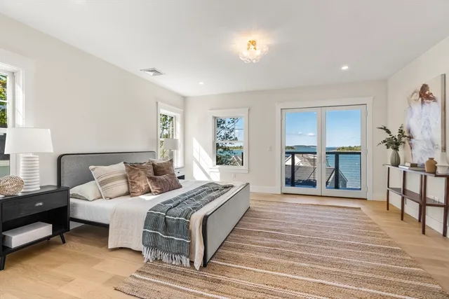 a spacious bedroom with a large bed and a large window