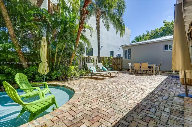 a view of backyard with swimming pool and furniture