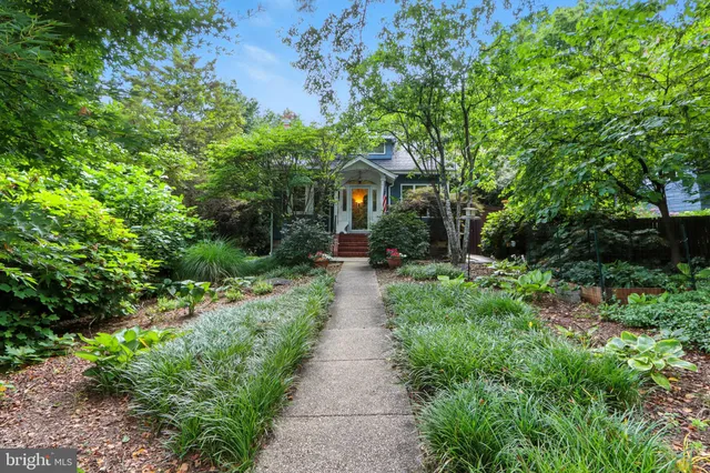a view of a pathway with a garden