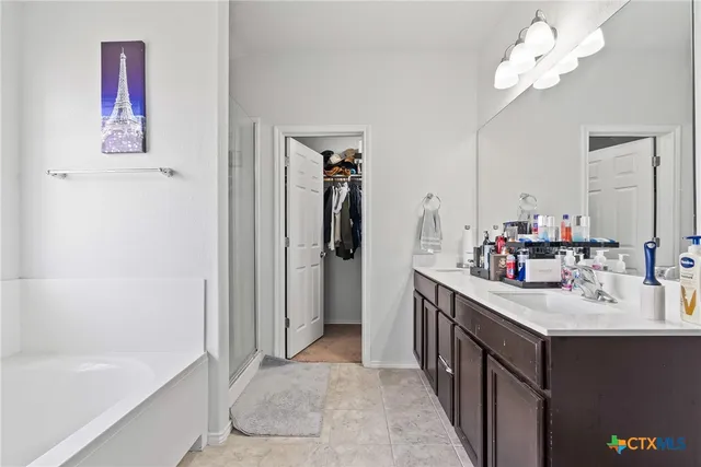 a bathroom with a sink a mirror and a bathtub