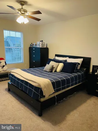 a bedroom with a bed and ceiling fan