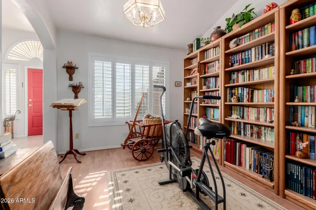 a view of room with lounge chair and book shelf