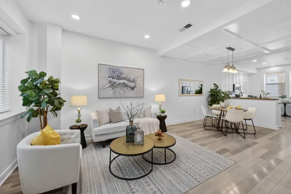 a living room with furniture and a potted plant