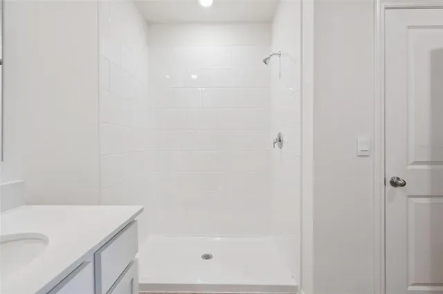 a bathroom with a shower and a sink