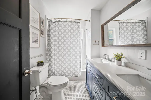 a bathroom with a sink a toilet and shower curtain