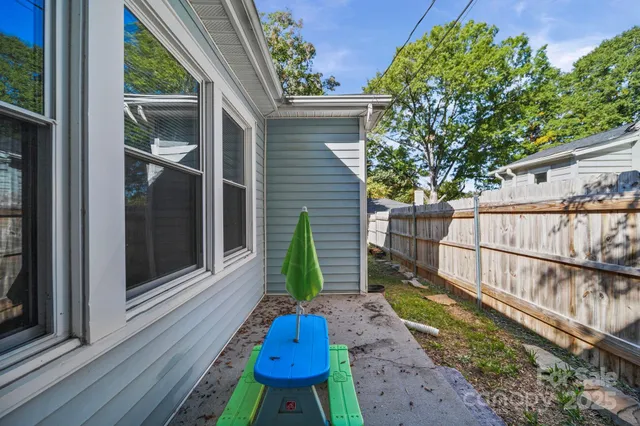 a garden view with a seating space