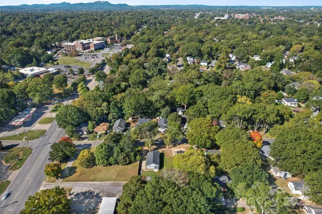 an aerial view of residential houses with outdoor space and trees
