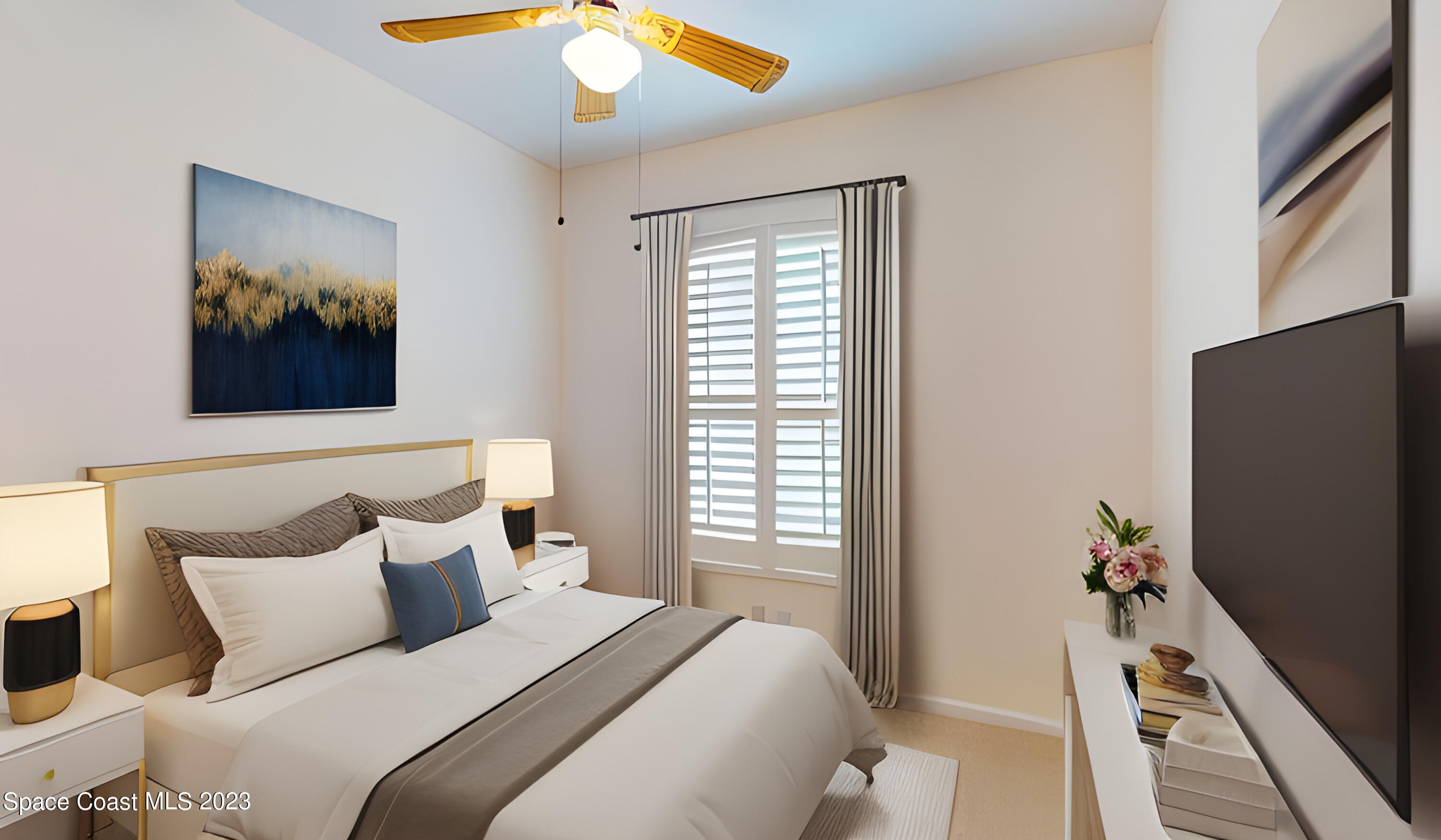 3151 Arden Circle Melbourne, FL 32934 - Photo 24 of 32 a bedroom with a bed and a chandelier